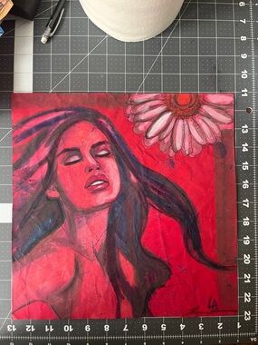 Red Floral Woman Portrait original hand drawn Art